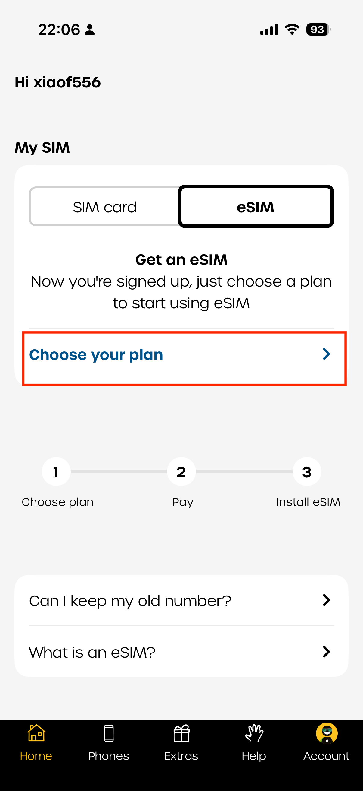 giffgaff App 中 Choose your plan 的入口
