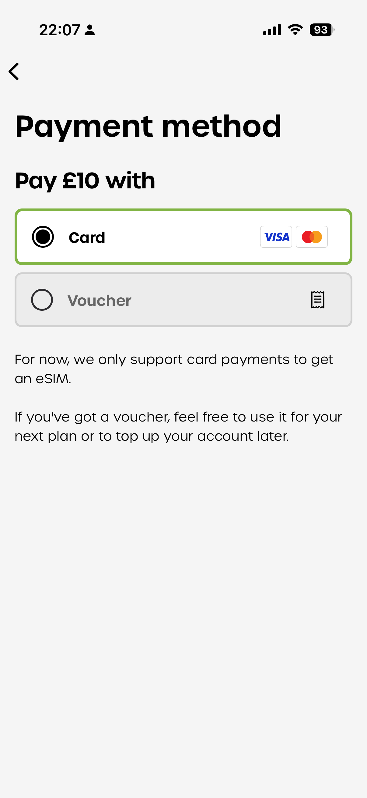 Payment method 中选择 Card
